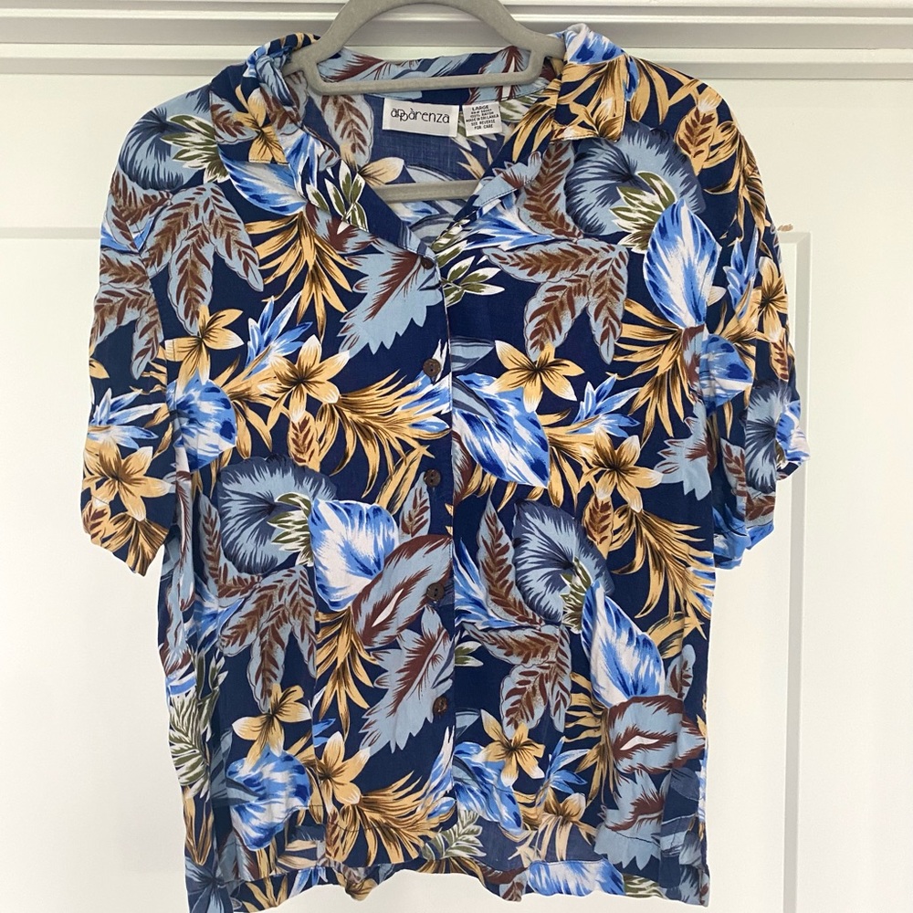 Apparenza Blue, Brown, Tan Floral Hawaiian Button Up Short Sleeve Collared Top L